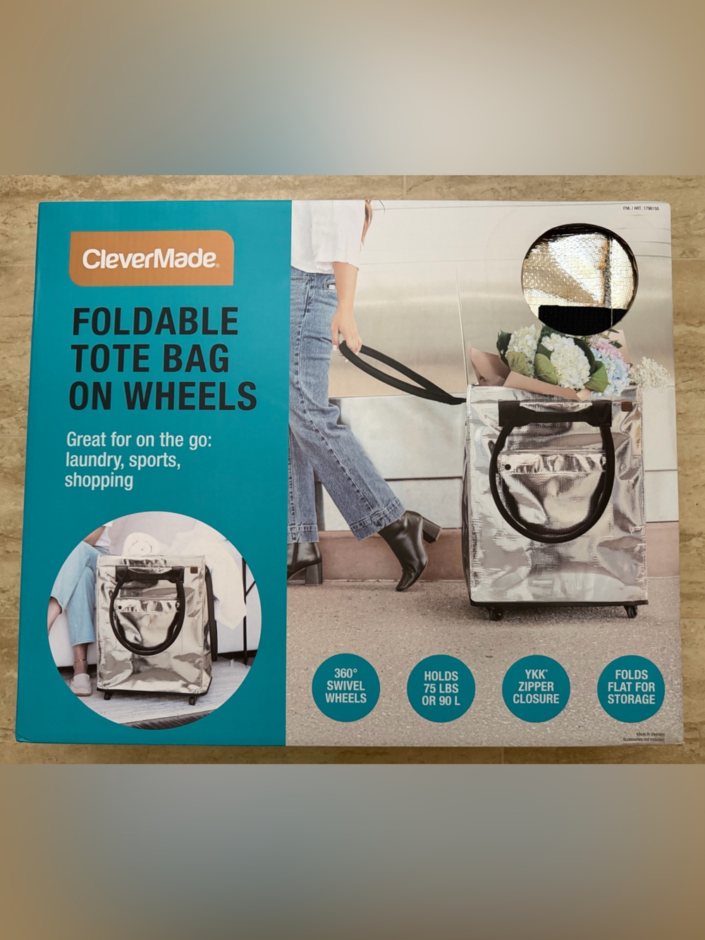 CleverMade Foldable Tote Bag on Wheels - Silver